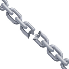 Obraz premium A silver metal chain with one link broken in the middle, symbolizing weakness or a break.