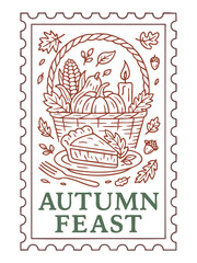 Obraz premium fall thanksgiving postage stamp illustration with pie slice candle and harvest basket filled with pumpkins corn and leaves, vector art for greeting cards, posters, packaging labels