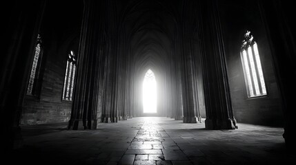 Fototapeta premium Dimly lit gothic hall with tall columns and arched windows.