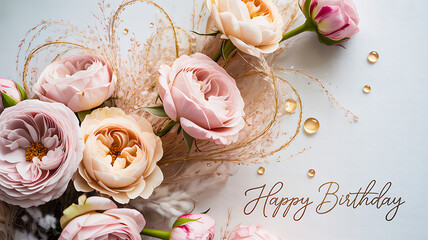 Celebrate their special day with these soft pastel roses and delicate botanical accents, a beautiful birthday greeting for your loved ones, light aesthetic