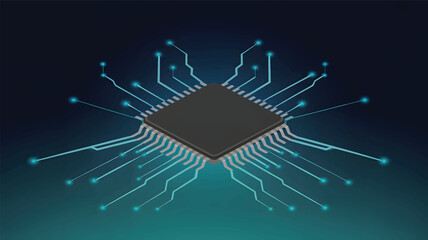 Dark blue circuit board with glowing cyan connections
