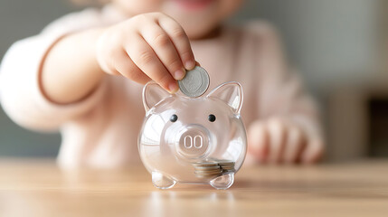 A toddler places a coin into a transparent piggy bank, learning about savings and financial responsibility. Focus on early financial education and teaching the value of money.