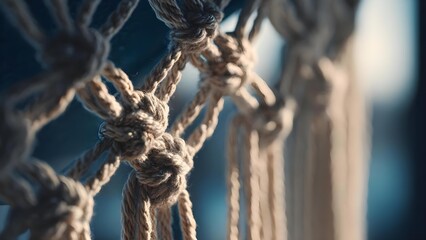 Obraz premium Close-up of tangled beige rope knots and strands, resembling nautical rigging. Concept Close-up of tangled beige rope knots, Beige rope texture and fibers, Nautical rigging detail