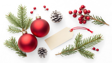 Red bauble christmas fir tree decoration isolated on white or transparent background