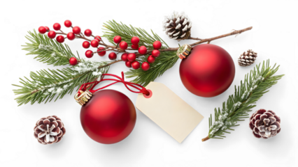 Red bauble christmas fir tree decoration isolated on white or transparent background