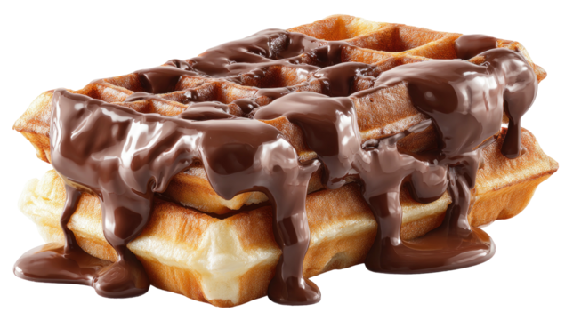 A stack of golden-brown waffles drenched in rich, glossy, dark chocolate sauce