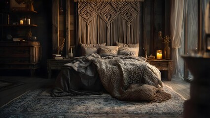 Dim rustic bedroom with macrame headboard, layered blankets, candles on weathered wood nightstands, and a vintage rug. Concept Rustic bedroom vibe, Macrame headboard details