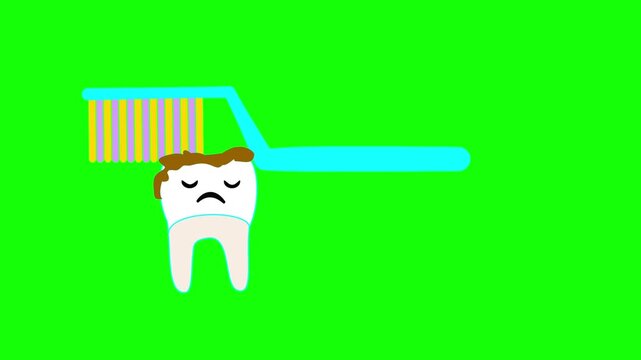 Animation of toothbrush cleaning dirty teeth to shiny white. Dentalcare motion with flat cartoon style on green background. Promotes tooth health and hygiene in a fun way