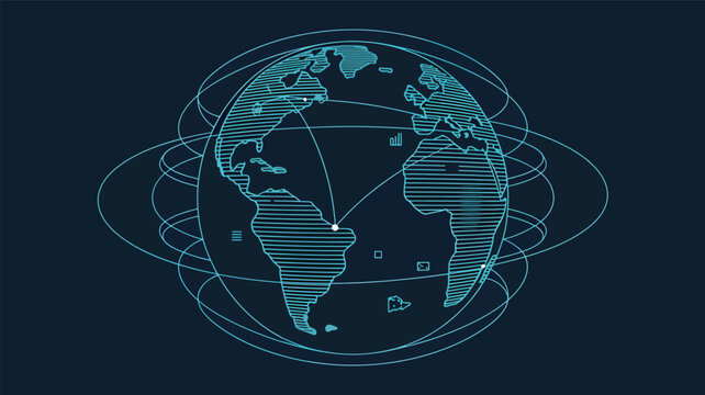 Blue wireframe globe with orbiting lines and data points
