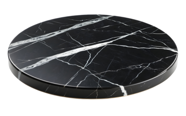 Black round marble stone board isolated on white or transparent background