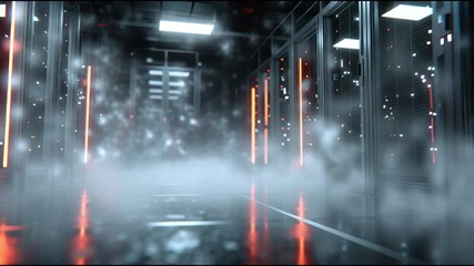 Blockchain enterprise identity. Decentralization technology. Encryption innovation. Security business. Futuristic data center with glowing server racks and mist. - Powered by Adobe