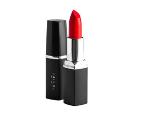 Obraz premium Red lipstick with shiny silver accents in an open and closed matte black tube
