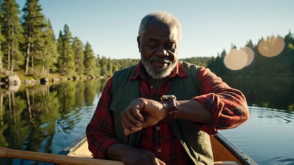 Senior Man Checking Watch While Paddling Canoe on Calm Lake