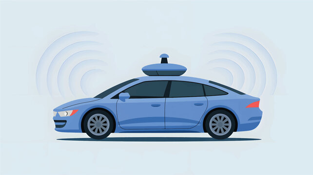 Blue autonomous car with sensor dome and signal waves