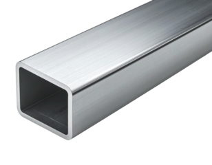 Shiny, metallic, square tube lies on a black background, showing the open end