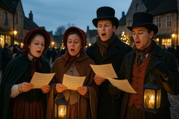 Obraz premium Victorian carolers singing Christmas carols in a candlelit town square at dusk