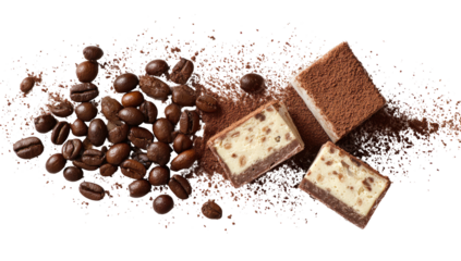 Roasted coffee beans and square creamy desserts dusted with cocoa powder, flat lay