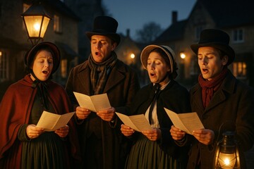 Obraz premium Victorian carolers singing Christmas carols in a quaint village at dusk