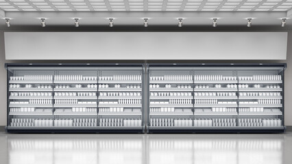 Supermarket interior with refrigerated cabinets for dairy products, hanging banner and LED spotlights ceiling. 3d illustration