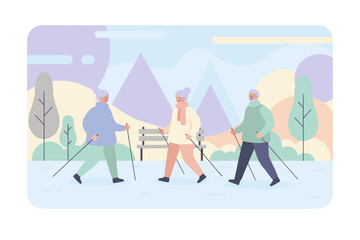 Three active seniors enjoy Nordic walking in a park promoting health and wellness