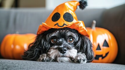 A small black and white dog wearing a pumpkin-shaped hat, lying on a couch with two pumpkins in the background.
