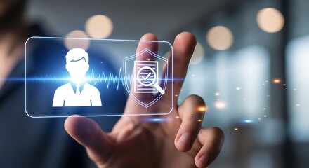 Man using a virtual interface to access and manage personal data, ensuring compliance with privacy regulations and data protection policies in the digital age for security