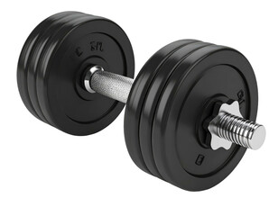 Naklejka premium Sleek black adjustable dumbbell lies centered, isolated on black. Weights stack