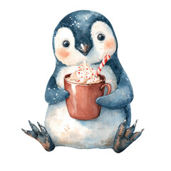 Cute penguin enjoying hot chocolate in a cozy winter setting with festive decorations and soft snowfall