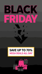 Black Friday sale graphic with savings message shopping bags and gift boxes for promotional use