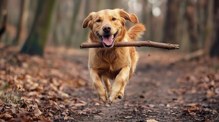 A golden retriever dog running with a stick in a forested area.