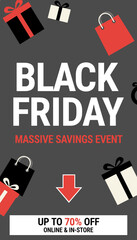 Black Friday sale graphic with shopping bags and gift boxes offering massive savings up to 70 off