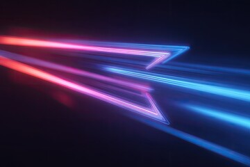 Abstract neon light trails and arrow-like shapes in vibrant red, pink, and blue hues