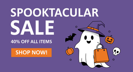 Spooktacular Halloween sale banner with a cute ghost witch hat shopping bag pumpkins and skull Perfect for seasonal discounts and promotions