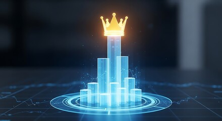 Digital representation of a bar graph with a crown on top, symbolizing business success, leadership, achievement, and the pursuit of excellence in a competitive market