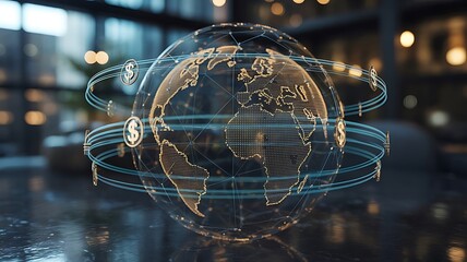 Golden digital earth with orbiting dollar symbols digital globe