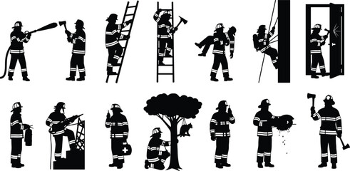 Firefighter silhouettes collection, rescue operations fire hose ladder axe medical aid animal rescue emergency response icons, cad drawing flat vector illustration