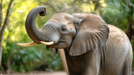 Obraz premium A majestic elephant with a curled trunk and large ears, standing in a lush green forest with a blurred background.