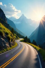 Naklejka premium A scenic view of a mountain pass, sunlight illuminating the winding road ahead, leading towards distant peaks , expedition, asphalt, car