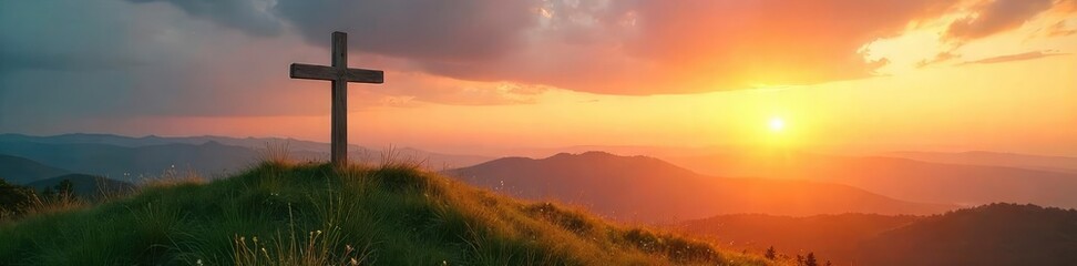 Obraz premium A serene image depicting a simple wooden cross on a gently rolling hill at sunrise, conveying peace and faith , prayer, redemption
