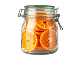 A clear glass jar filled with dehydrated orange slices, closed with metal clasp