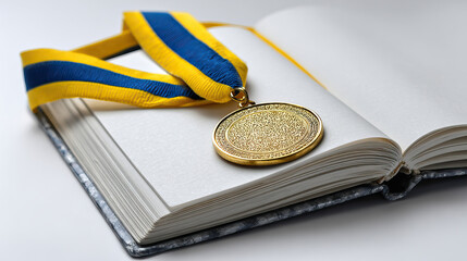 Medal with Ribbon on Top of Open Notebook Symbol of Academic Achievement on Transparent Background