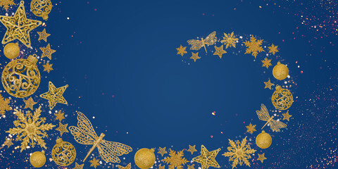 Christmas blue background with Christmas tree decorations with a golden snowflake, star and ball and golden lights with copy space. New Year and Christmas card.