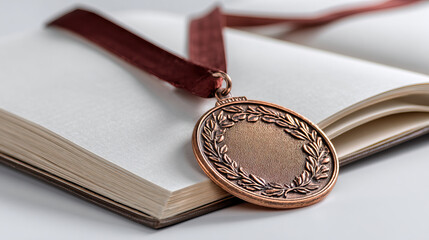 Medal with Ribbon on Top of Open Notebook Symbol of Academic Achievement on Transparent Background