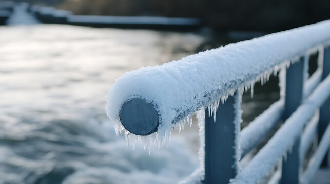 Icy handrail detail in winter. Snow and ice coat the railing near a flowing river. Beautiful, tranquil scene. Winter's touch adds a delicate layer. - Powered by Adobe