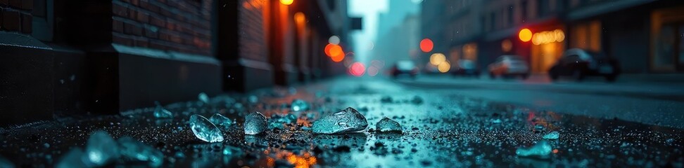 A shattered window, broken glass scattered on the ground, symbolizing the aftermath of a violent crime scene , urban, fear, vandalism damage