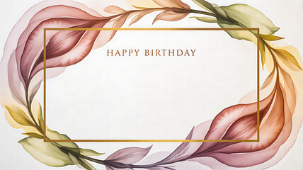 Elegant floral border frames 'Happy Birthday' message with soft watercolor petals and a golden accent for festive greetings