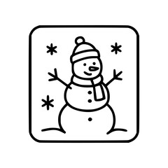 A cheerful snowman with a hat and scarf stands amid falling snowflakes, outlined in a simple black frame