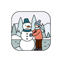 A person in winter clothes builds a cheerful snowman outdoors, surrounded by snowy trees and distant mountains
