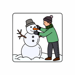 A person wearing a hat and gloves builds a snowman, adding a carrot nose in a snowy yard