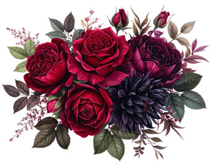 A dark bouquet of rich red roses and a dark purple dahlia, set against leafy greens